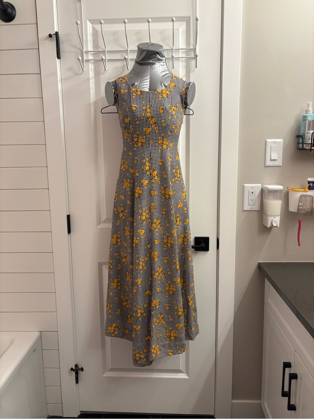 Sleeveless Yellow Floral Gingham Midi Dress
